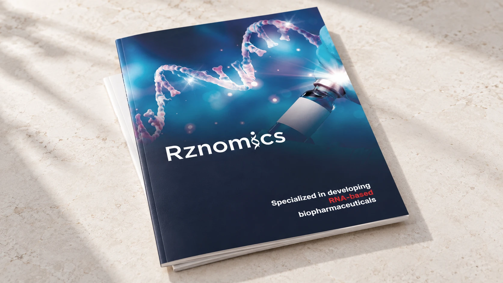 Rznomics 국문·영문 브로슈어 편집디자인 적용 목업